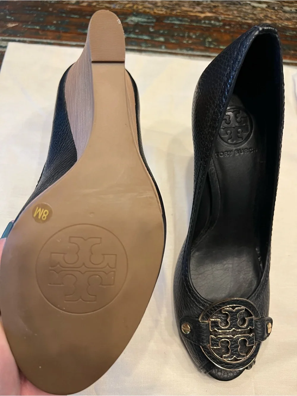 Tory Burch Black Leather Peep-Toe Heels with Logo Medallions